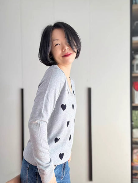 Womens Modal V-Neck Long-Sleeve Heart-Shape Jacquard Pullover Knit Top