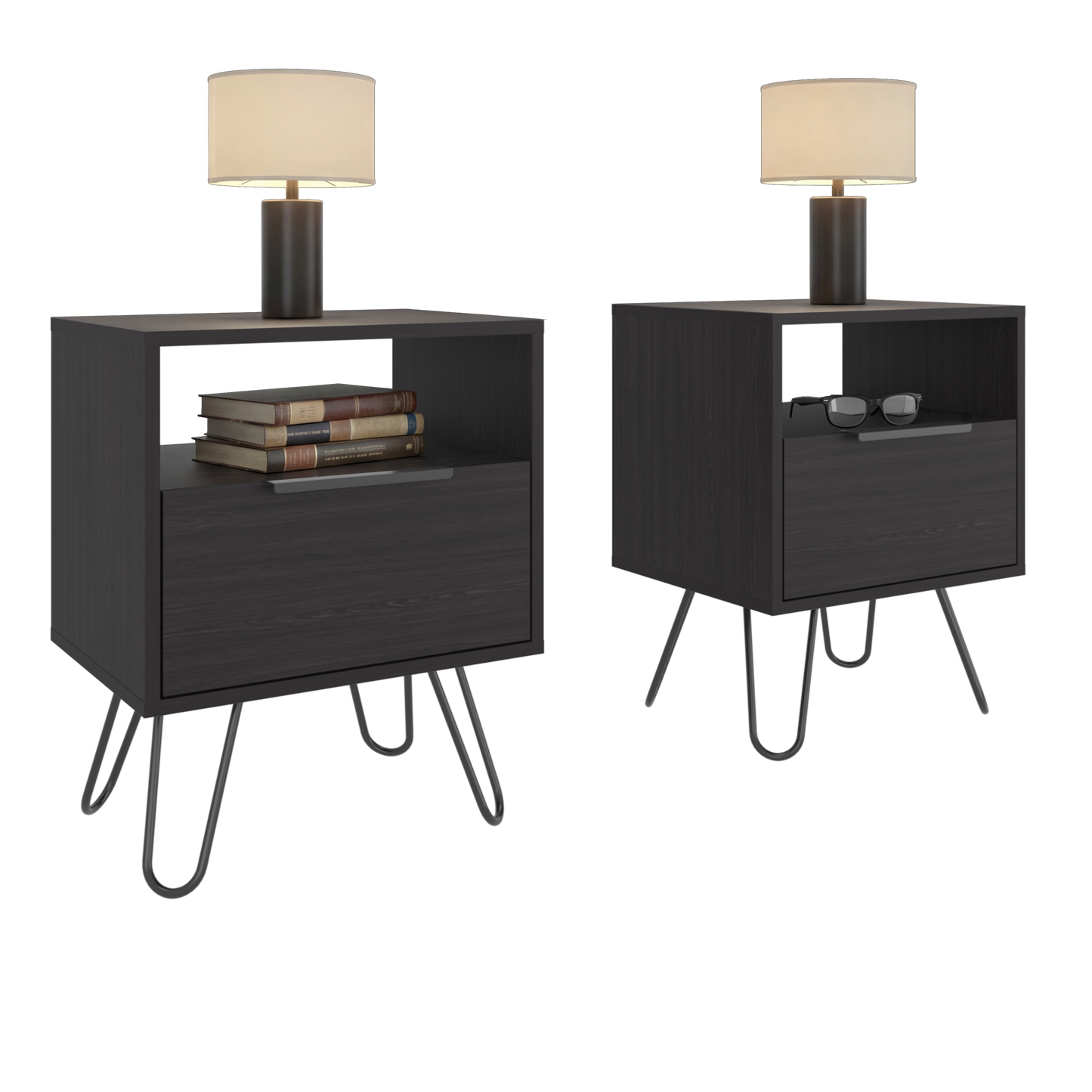 Set of 2 Modern Nightstands with Storage, Metal Legs, Wenge