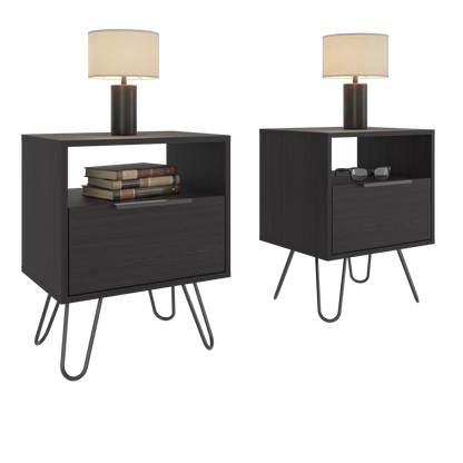Set of 2 Modern Nightstands with Storage, Metal Legs, Wenge
