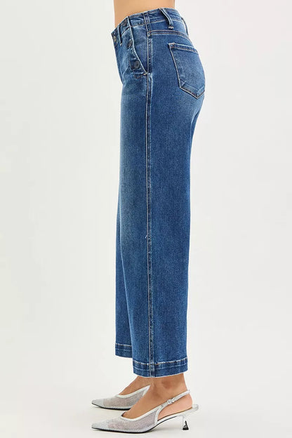 RISEN High Rise Wide Leg Jeans With Pocket Button Detail