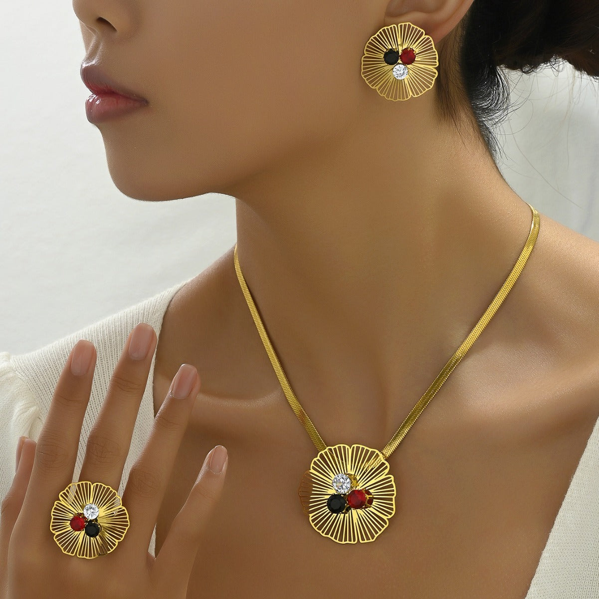 Light Luxury European American Jewelry Set, Floral Niche Design Inlaid Cubic Zirconia, Includes Earrings, Long Pendant Necklace And Matching Ring For Women