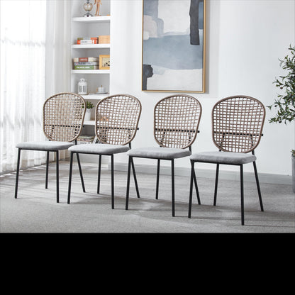 Dining Chair Sennit Style Black Metal Frame Natural Fiber Seat Set of 4