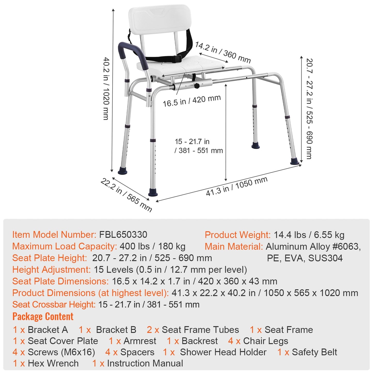 Transfer Bench Sliding Shower Chair Aluminum 400lb Reversible