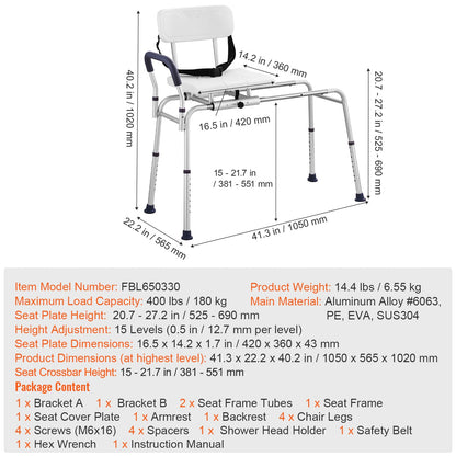 Transfer Bench Sliding Shower Chair Aluminum 400lb Reversible
