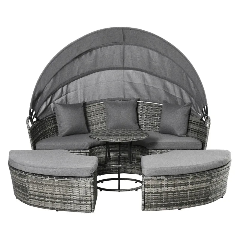 Outdoor Round Daybed Set PE Rattan Gray 4 Piece Canopy 352 lb Capacity
