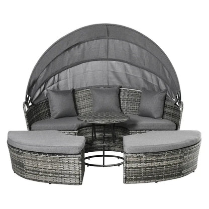 Outdoor Round Daybed Set PE Rattan Gray 4 Piece Canopy 352 lb Capacity