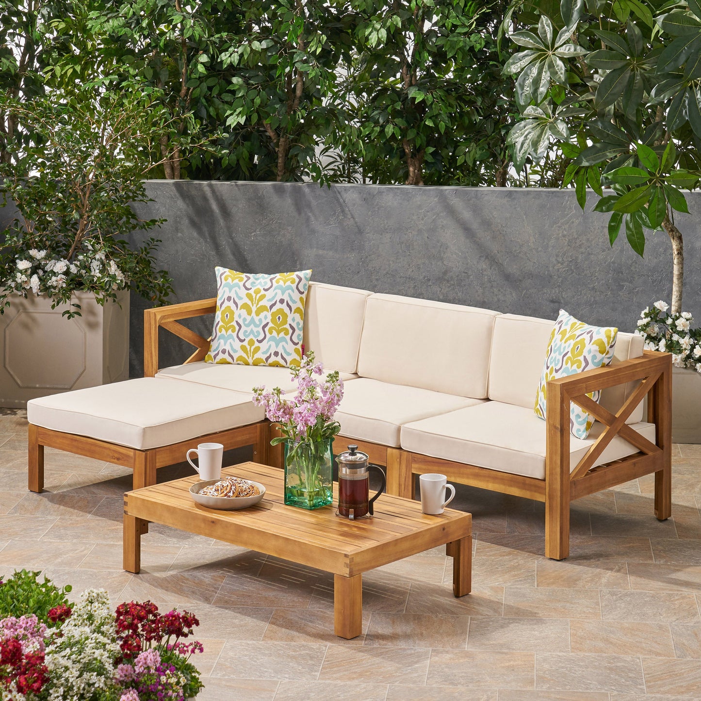 Outdoor Sectional Set Acacia Wood Beige 5 Piece L Shape Seats 4