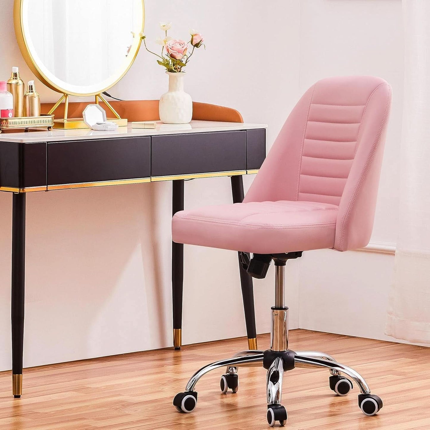 Pink PU Leather Armless Office Chair With Rolling Wheels