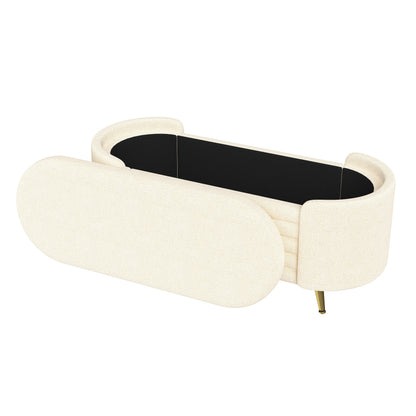 Storage Ottoman Oval Chenille Beige Metal Legs Hidden Storage 44.9x18x18 In