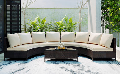 Outdoor Patio Set Half Moon PE Rattan Steel Beige 5 Piece Tempered Glass