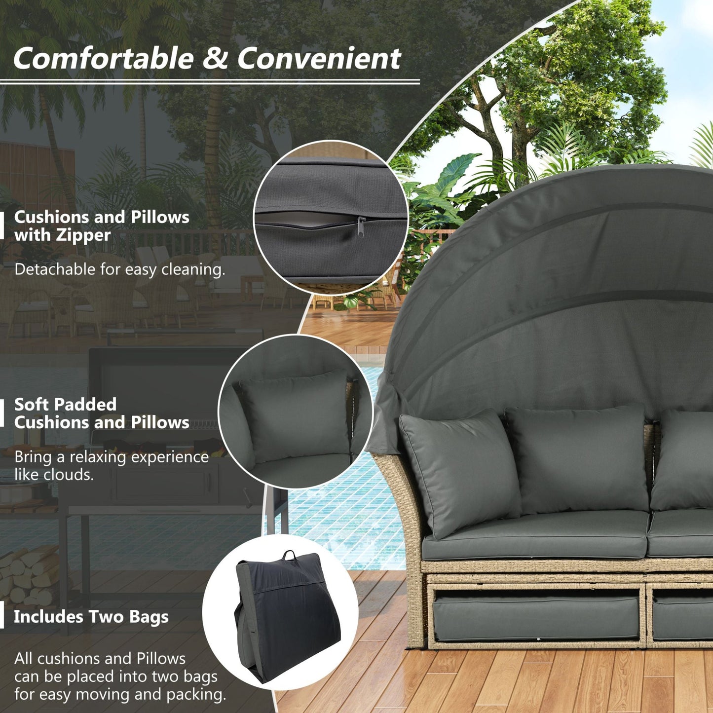 Alora Premium Outdoor Garden Wicker Rattan Patio Daybed With Retractable Canopy (SAK43581)