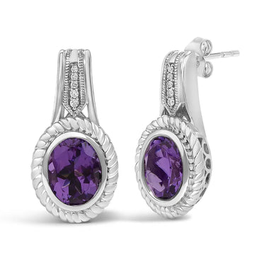 Amethyst & Diamond Accent Rope Design Drop Earrings in Sterling Silver – Oval Cut