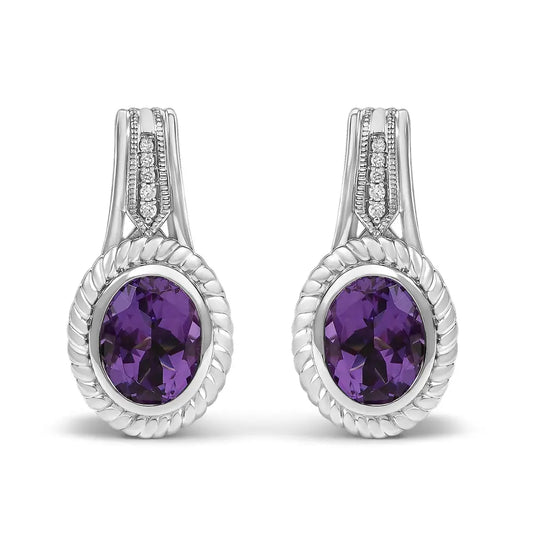 Amethyst & Diamond Accent Rope Design Drop Earrings in Sterling Silver – Oval Cut