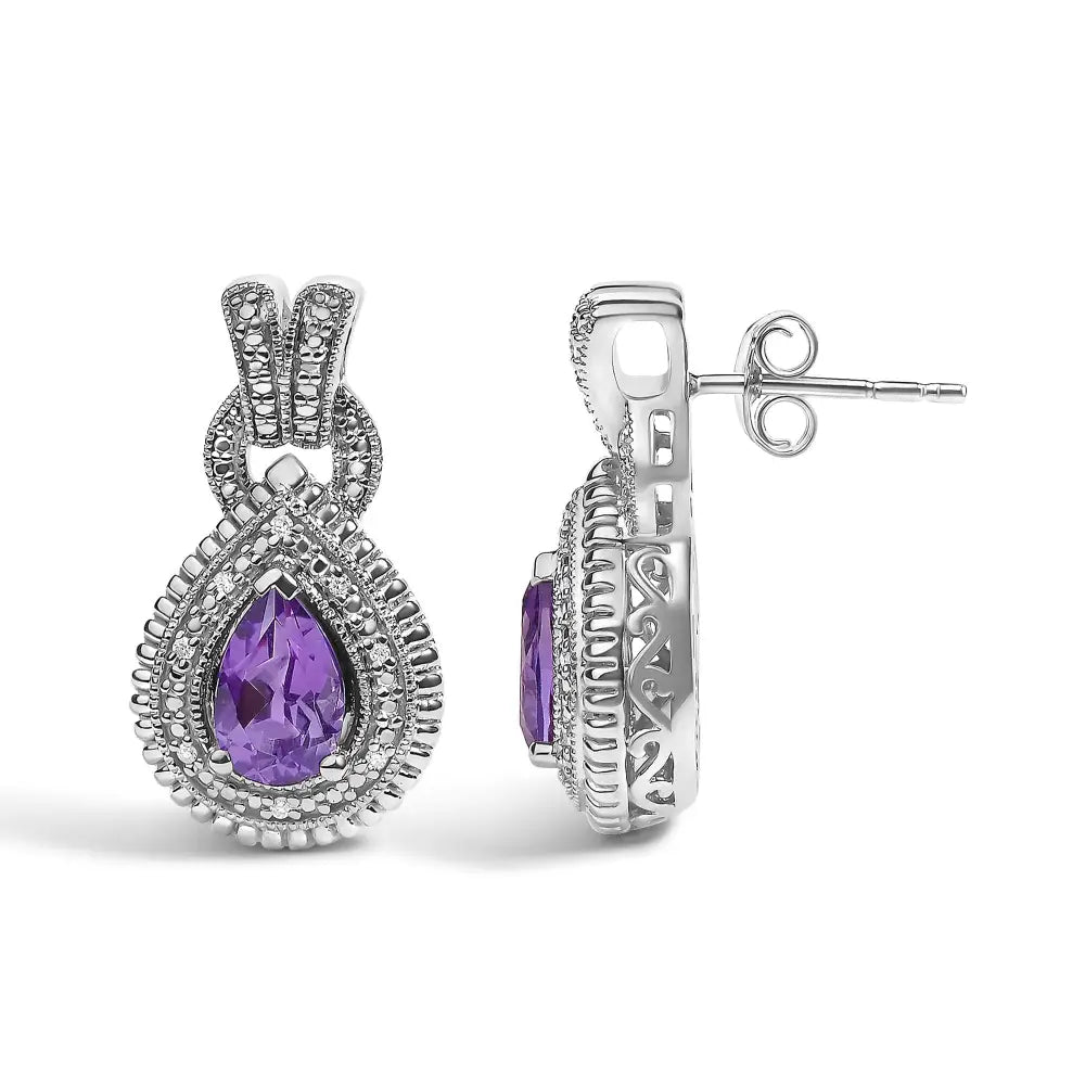 Amethyst & Diamond Accent Teardrop Stud Earrings in Sterling Silver – Pear Cut