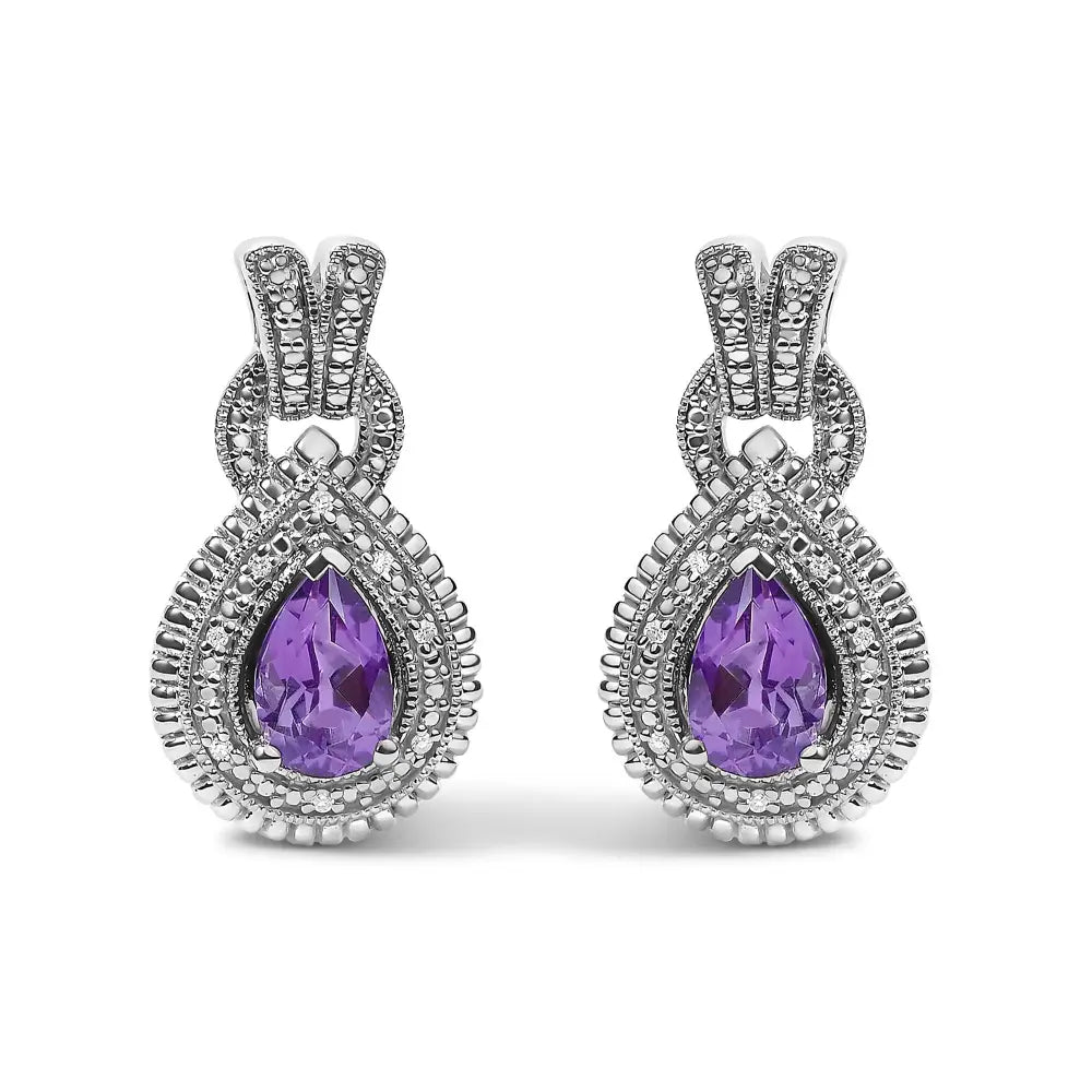 Amethyst & Diamond Accent Teardrop Stud Earrings in Sterling Silver – Pear Cut