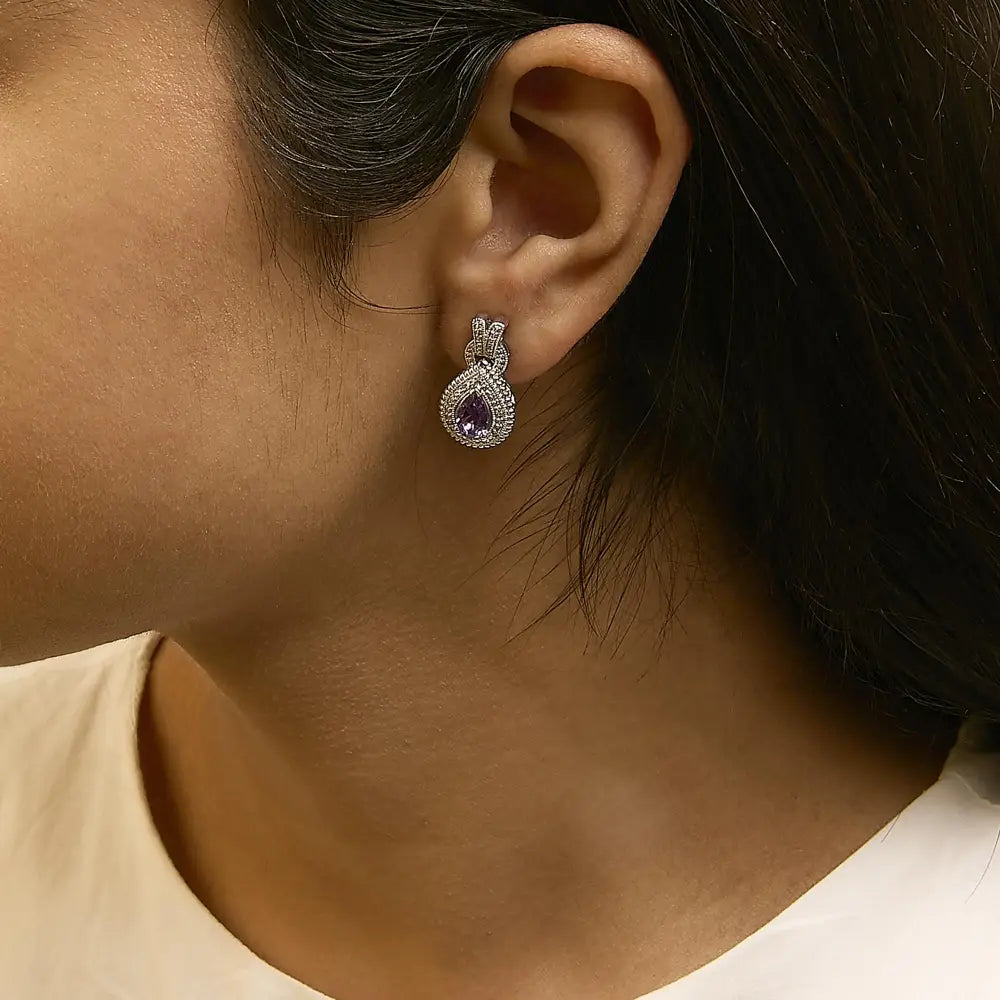 Amethyst & Diamond Accent Teardrop Stud Earrings in Sterling Silver – Pear Cut