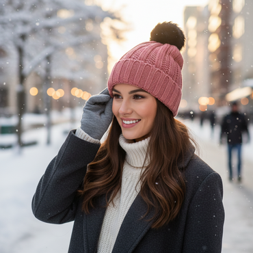 Knit Hat With Three Interchangeable Poms - Rose Pink