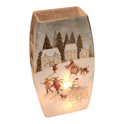 Lighted Glass Vase - Magical Winterland - Three Houses - 7¾ Inches tall