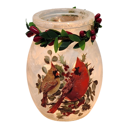 4 inch Lighted Jar with Garland - Two Cardinal Delight