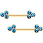Aqua Gem Gold Tone Anodized Triple Circle Barbell Nipple Ring Set
