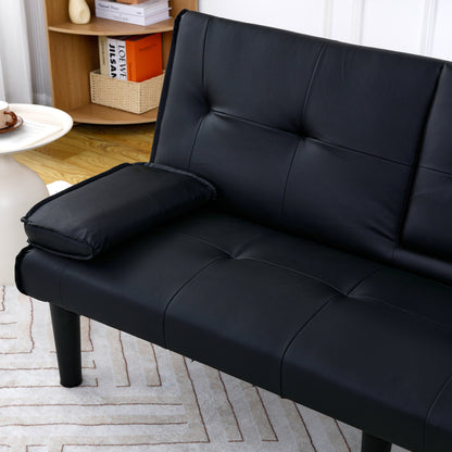 67-inch Black PVC Multi-Functional Sofa Bed with Foldable Design and Cup Holder
