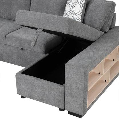 Sectional Sofa U-Shape Chenille Gray 5 Seat USB Ports Pull-Out 109 In