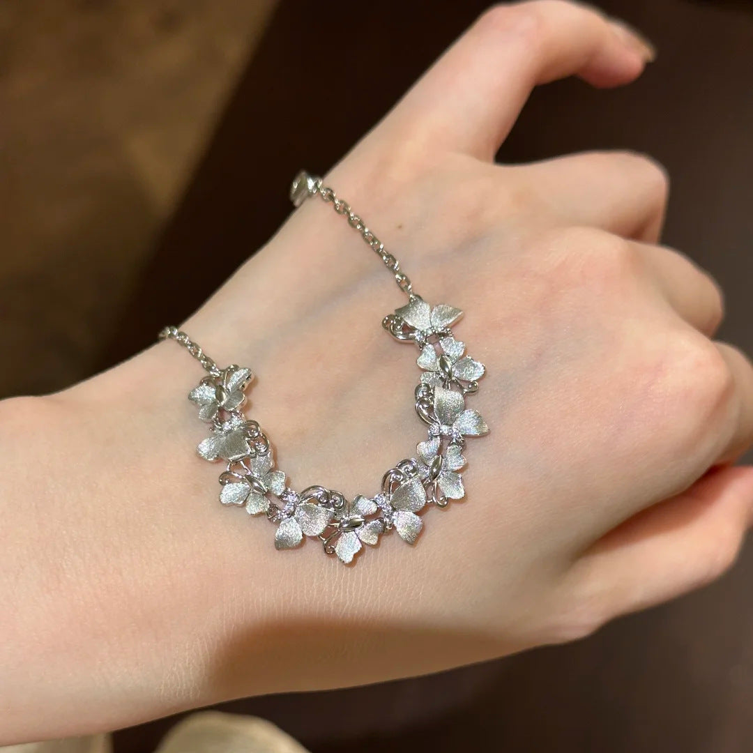 Silver Tone 3D Embossed Linked Butterfly Bracelet Dainty Stackable Women Daily Hand Ornaments