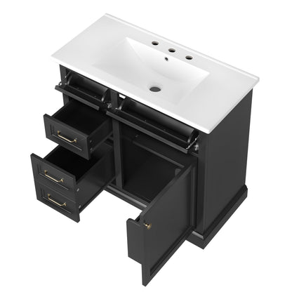 36-Inch Bathroom Vanity with Ceramic Sink Top, 4 Drawers and 1 Soft-Close Door