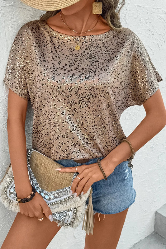 Parchment Shimmer Leopard Print Dolman Sleeve T Shirt