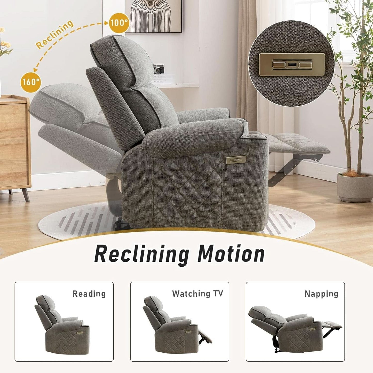Electric Recliner Chair With USB Charging And Cup Holders