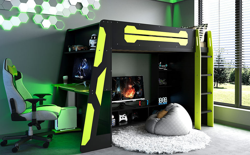 Twin Size Wood Loft Bed with Desk, Multi-storage Shelves and RGB Light, Green