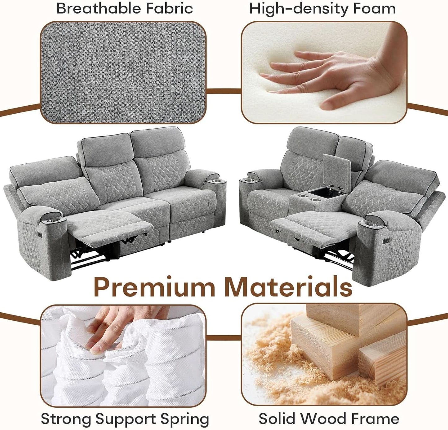 Electric Recliner Sofa USB Type C Ports Light Grey