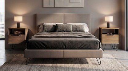 Set of 2 Modern Nightstands with Storage, Metal Legs, Light Oak