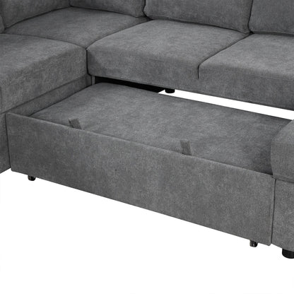 Sectional Sofa U-Shape Chenille Gray 5 Seat USB Ports Pull-Out 109 In