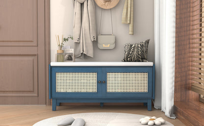 Boho Rattan Entryway Bench with Storage, Cushioned Shoe Bench with Double