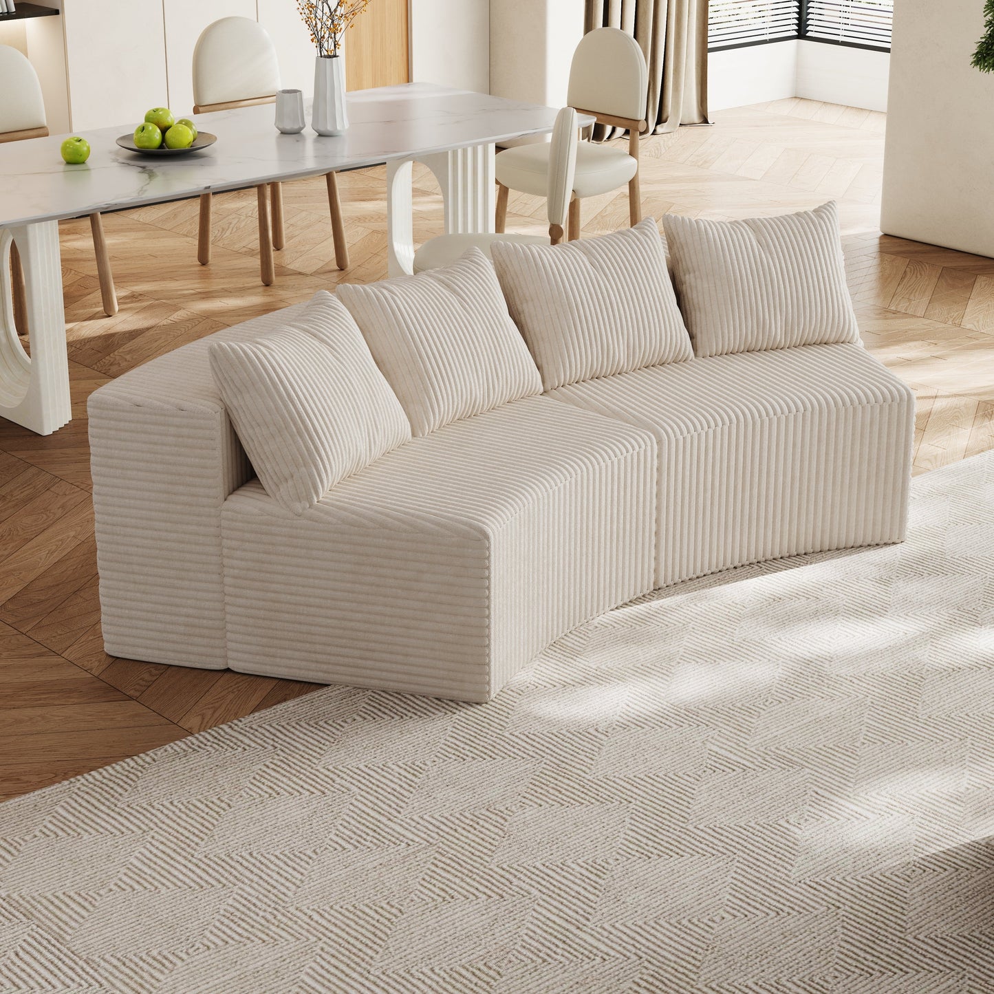 Sectional Sofa Modular Curved Corduroy Beige 2 Seat 4 Pillows