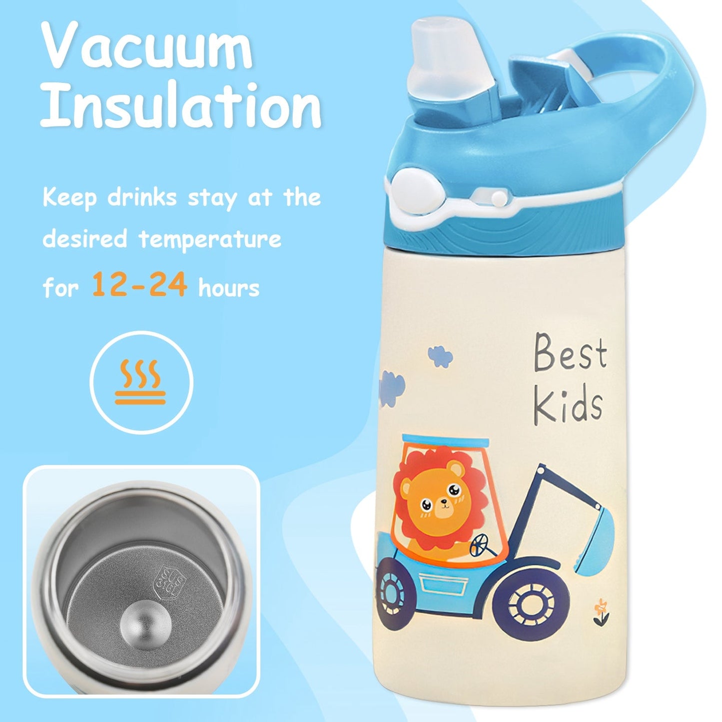 13.5Oz Insulated Stainless Steel Water Bottle Leak-proof Bottle for Kids with Straw Push Button Lock Switch Sports Water Bottle for Toddlers Boys Girl