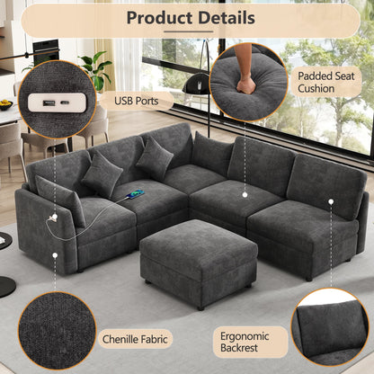Sectional Sofa U-Shape Modular Chenille Black 5-Seat USB Ports 86.6x61.4 In