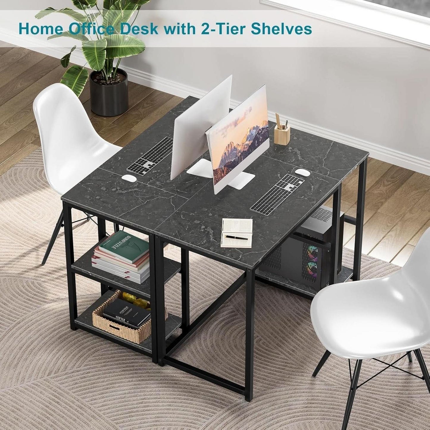 40 Inch Computer Desk With Two Tier Shelves Black Marbling