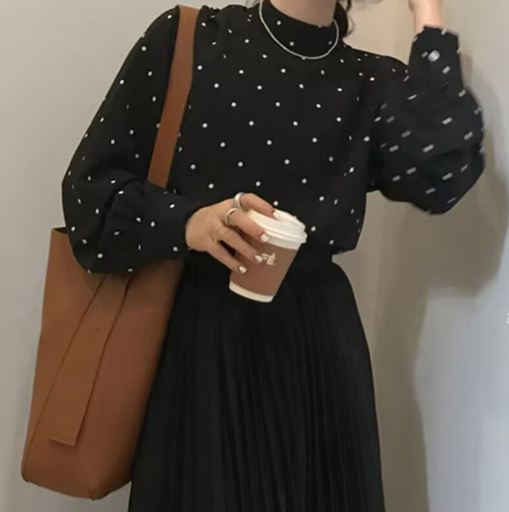 Black And White Polka-dot Turtleneck Relaxed-fit Puff-sleeve Base Shirt