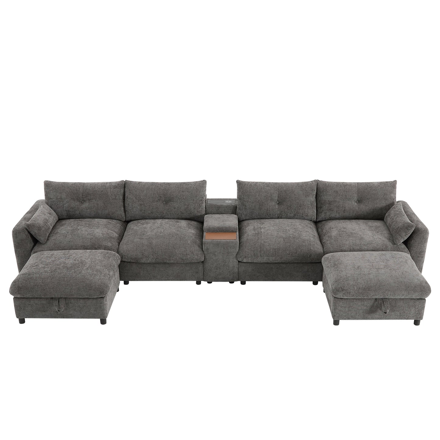Sectional Sofa U-Shape Chenille Gray 6 Seat USB Console 136 In