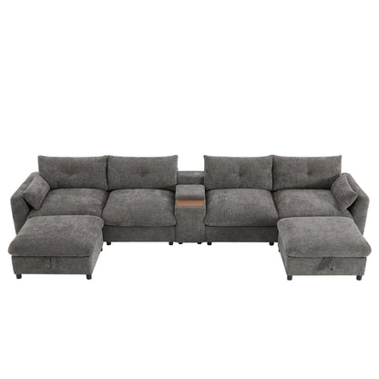 Sectional Sofa U-Shape Chenille Gray 6 Seat USB Console 136 In