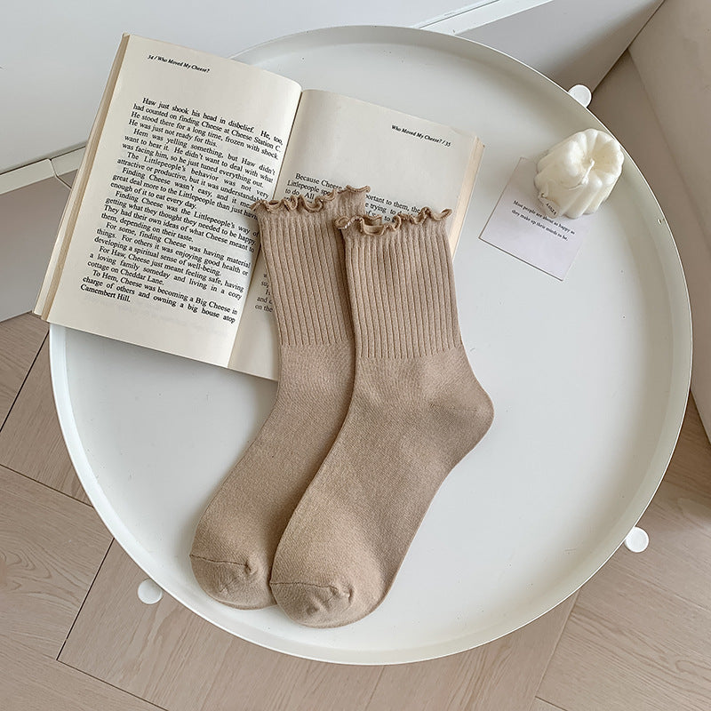 Solid-color Ruffle-trimmed Socks For Women