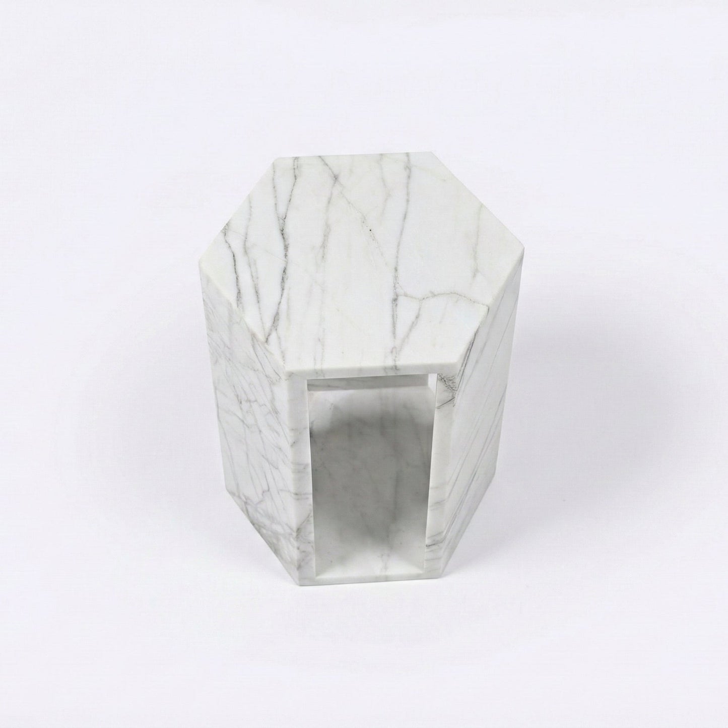 White Marble Hexagon Side Table, 15.7 in, Geometric Stone, Polished Pedestal