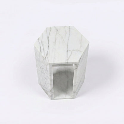 White Marble Hexagon Side Table, 15.7 in, Geometric Stone, Polished Pedestal