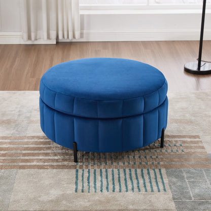 31.5 Inch Round Velvet Storage Ottoman with Reversible Lid, Navy