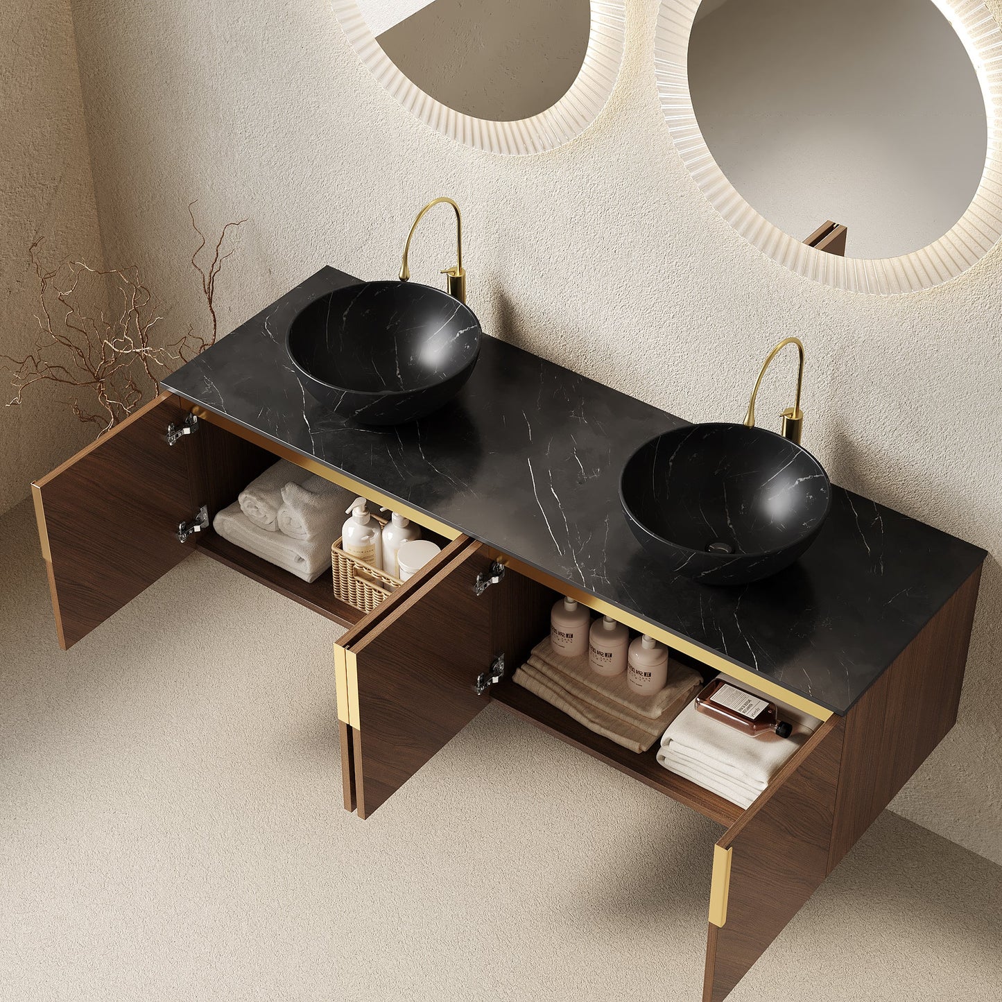 60' Bathroom Vanity with Sinks, Floating Plywood 4 Doors Black Bowl Ceramic Basins