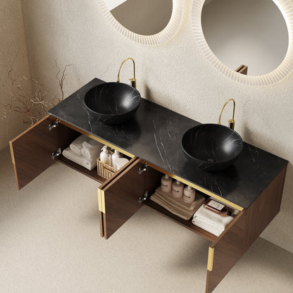 60' Bathroom Vanity with Sinks, Floating Plywood 4 Doors Black Bowl Ceramic Basins