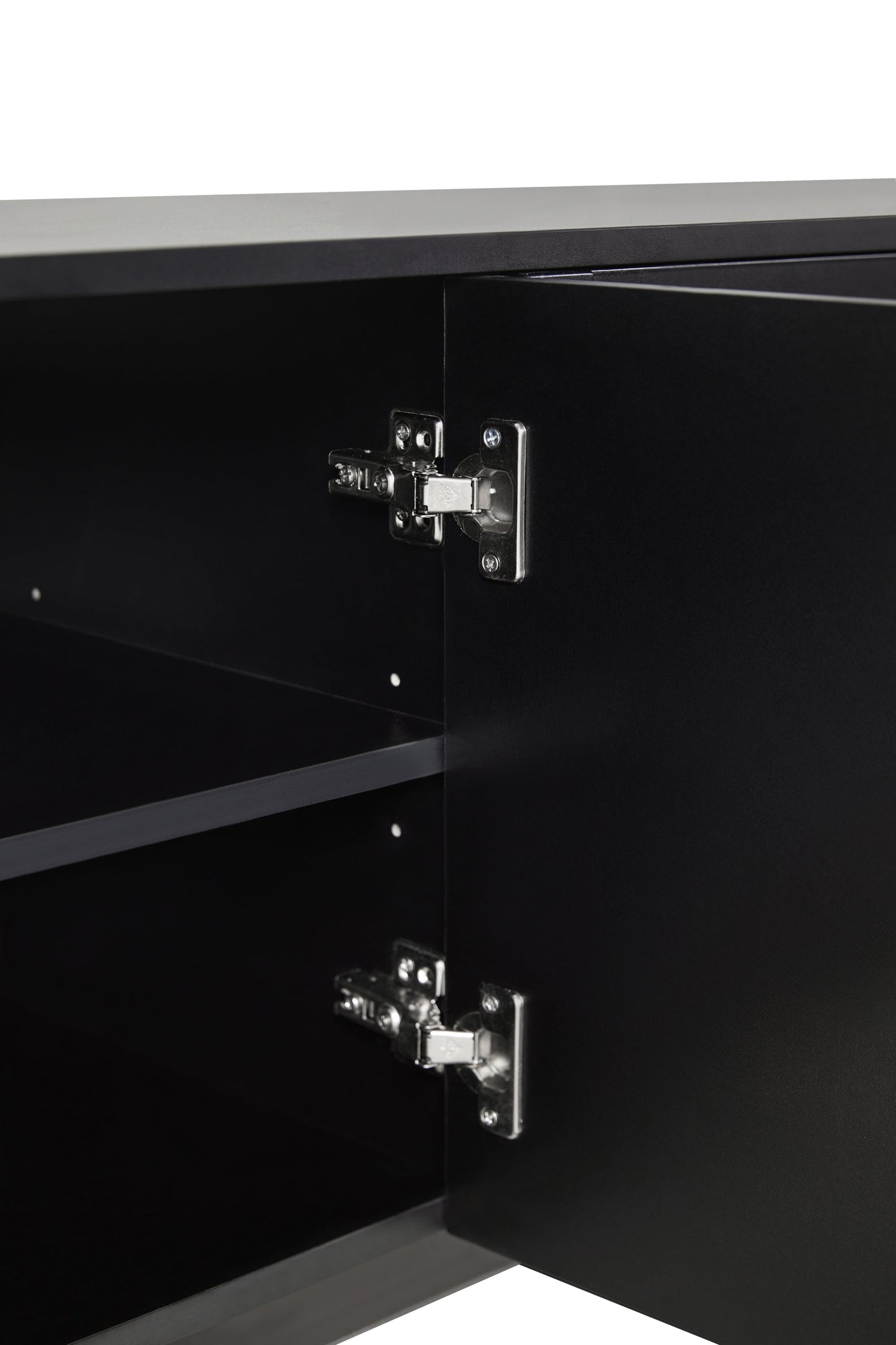 TV Stand Minimalist Black Particle Board Arch Doors Wood Legs Fits 78 In TV