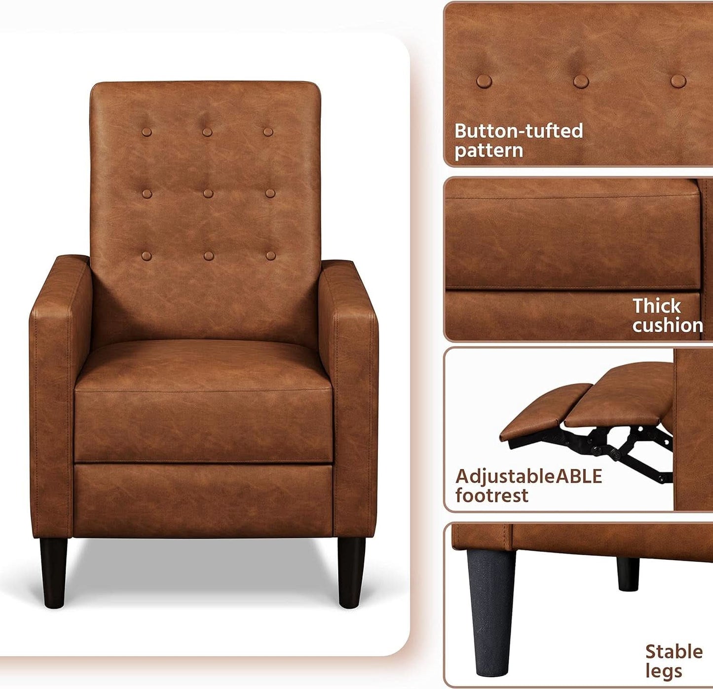 Brown Faux Leather Recliner Sofa Adjustable Back Footrest